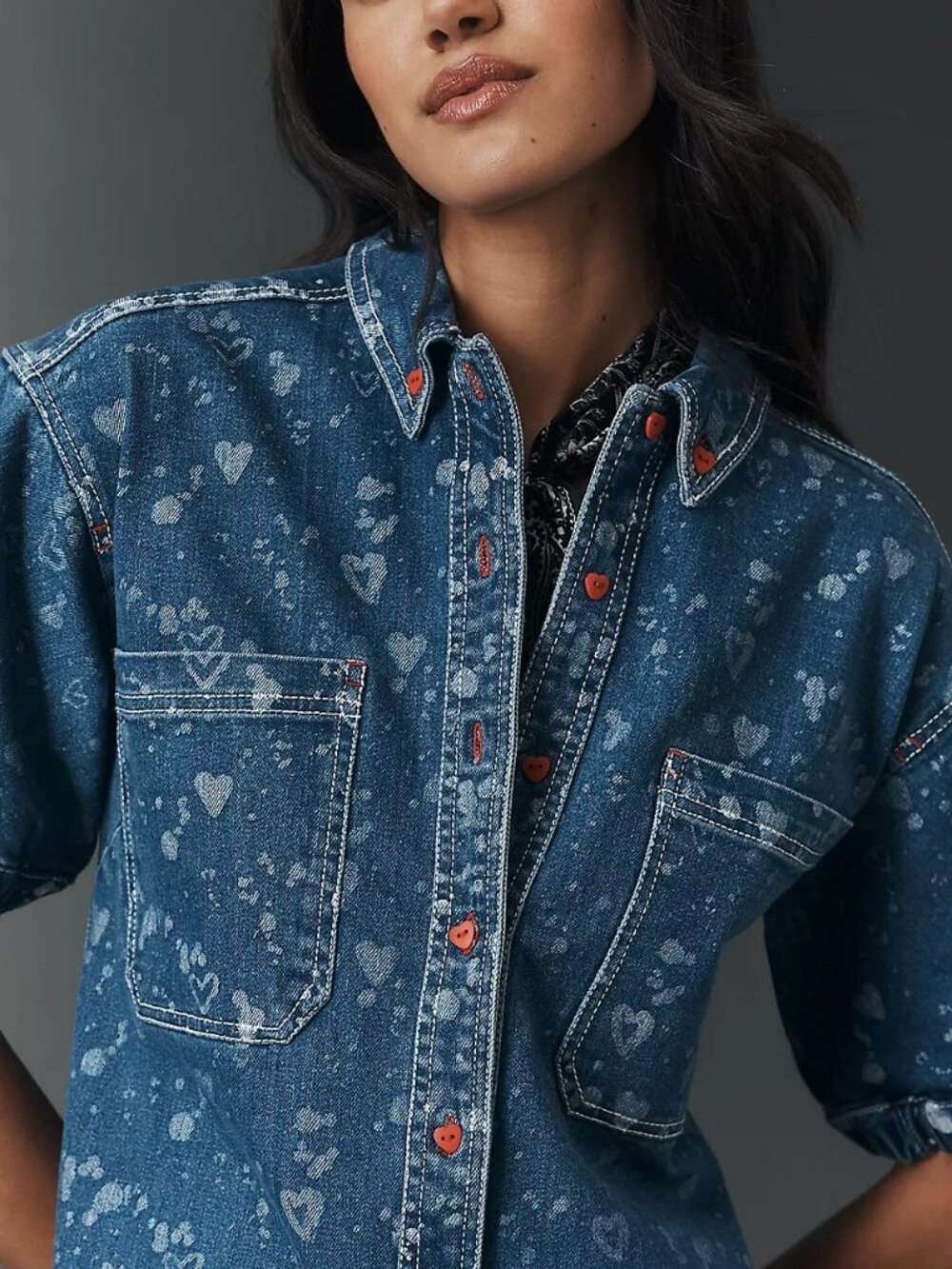 Pilcro Heart Print Denim Button-down Shift Mini Dress with Puff Sleeves - Picture 3 of 16